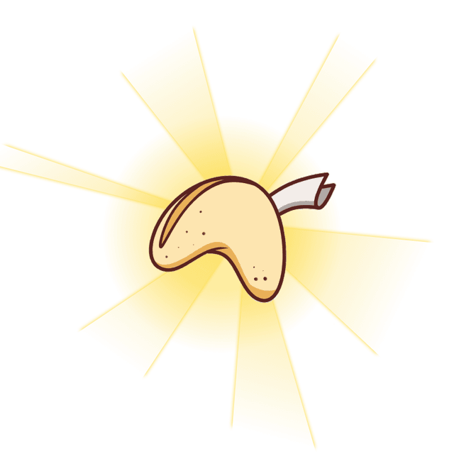 A cartoon illustration of a fortune cookie, with its paper fortune sticking out, is radiant with a golden glow as rays of light stream from its delicious surface.